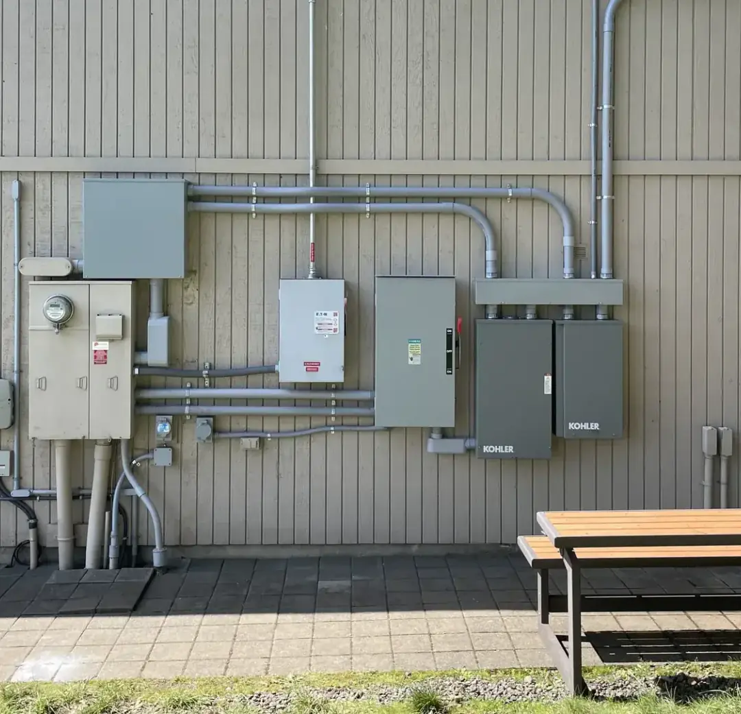 Service equipment across an exterior wall — meter, disconnects, load center and two Kohler transfer switches joined by conduit