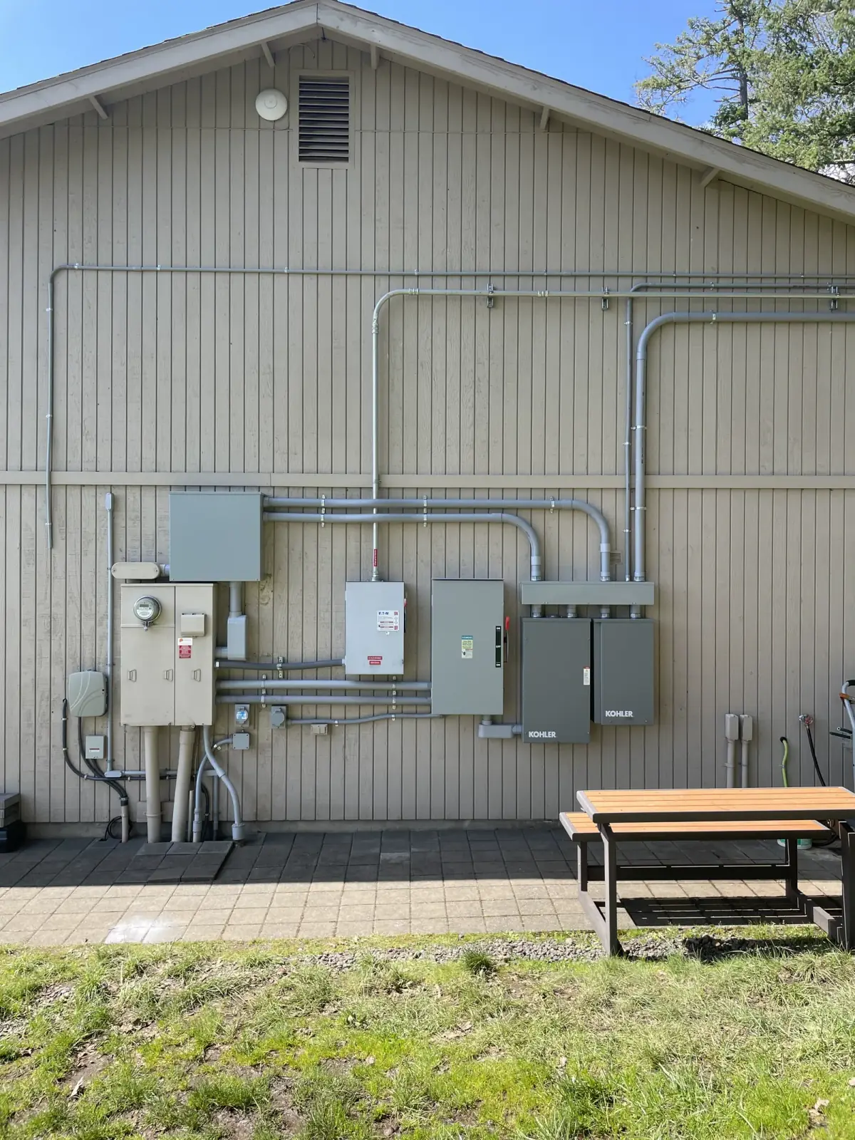 Service equipment across an exterior wall — meter, disconnects, load center and a Kohler transfer switch joined by conduit