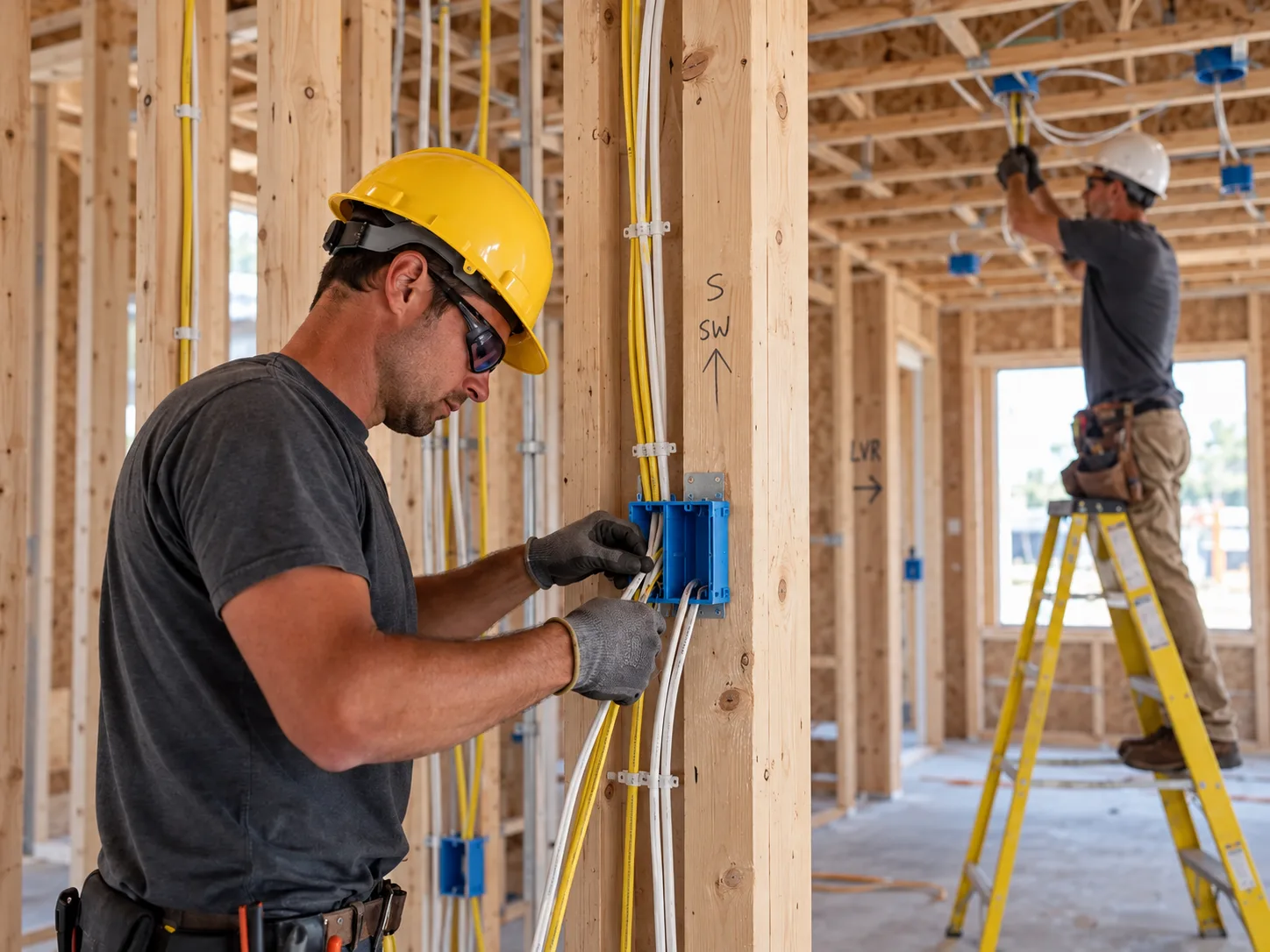 Two electricians roughing in a framed building: one feeds cable into a blue box on a stud, the other wires a ceiling box from a yellow ladder