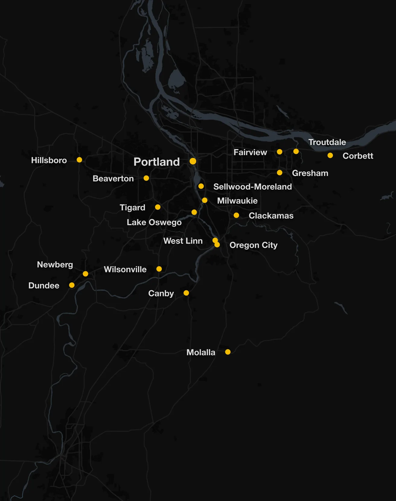 Map of the Portland metro with every town Multiphase Electric covers marked, from Hillsboro and Dundee west to Corbett east, and south through Oregon City to Molalla.