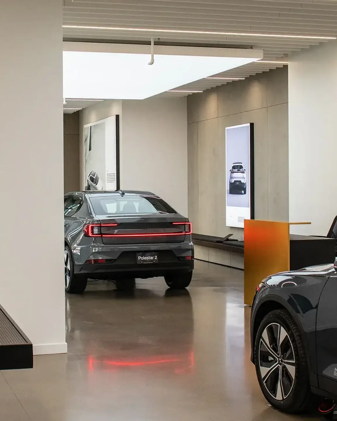 Showroom interior under linear ceiling lighting and a backlit display panel, cars on a polished concrete floor